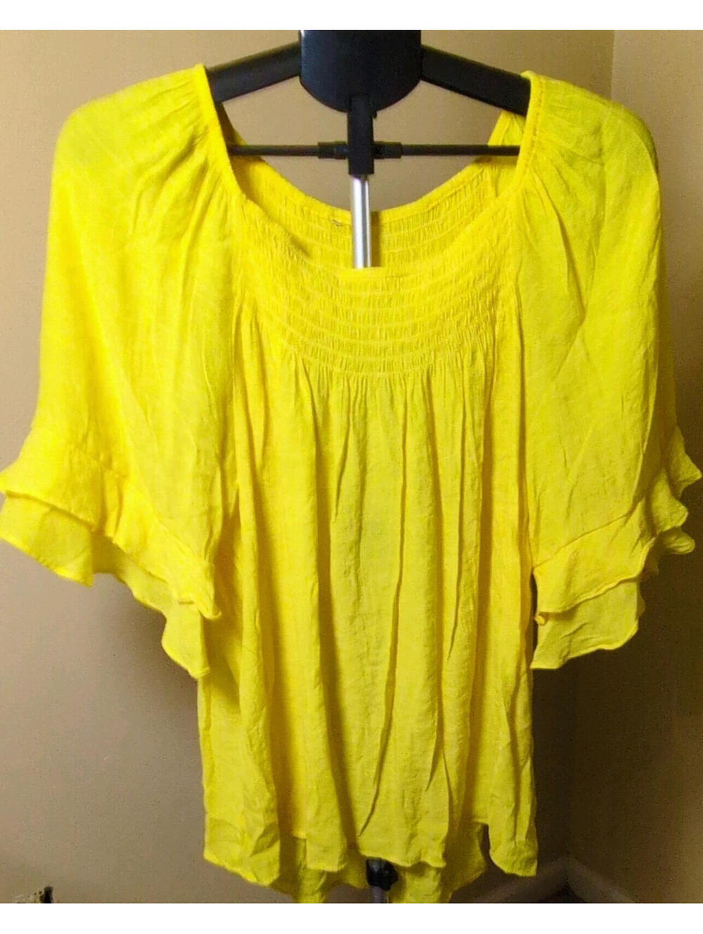 Yellow Cotton Ruffle Sleeve Scoop Neck Tunic Blouse Short Sleeve Women's